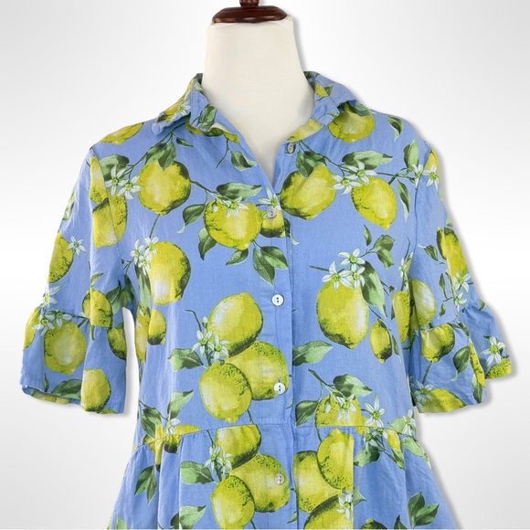 Francesca Bettini Blue Lemon Linen Button Front Mini Dress With Pockets– Size M - Picture 6 of 10
